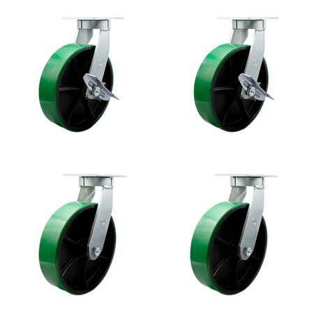 Service Caster 12'' Heavy Duty Green Poly on Cast Iron Caster Set 4 Swivel Locks 2 Brakes, 4PK CRAN-KP92S1230-PUR-GB-SLB-BSL2BSL-2